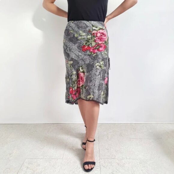 Angie Y2K Vintage Frilly Midi Skirt Medium - Grey Snakeskin &‎ Red Roses - Picture 1 of 13
